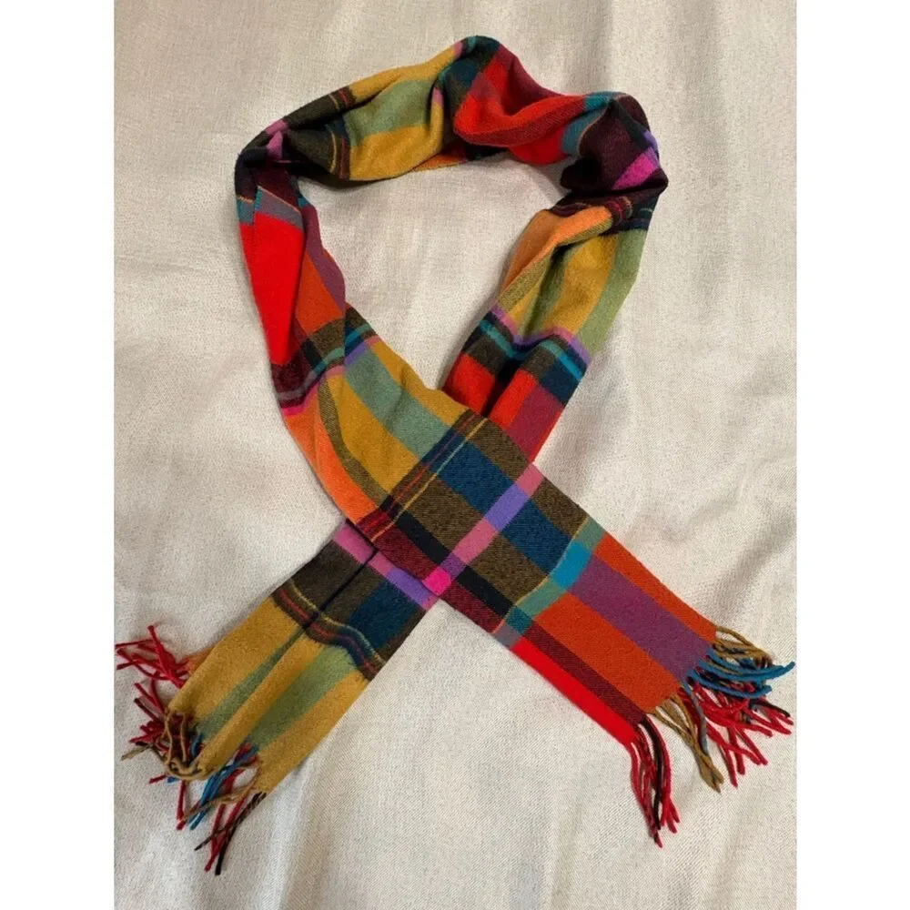 Bright Plaid Fringe Scarf Multicolor Tartan 15”x64”
